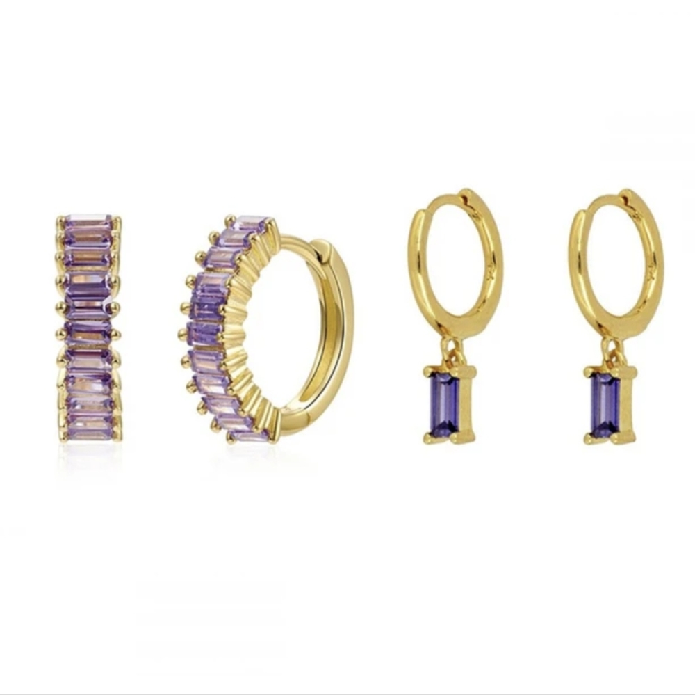 Amethyst emerald cut huggie hoops - Picture 2 of 3